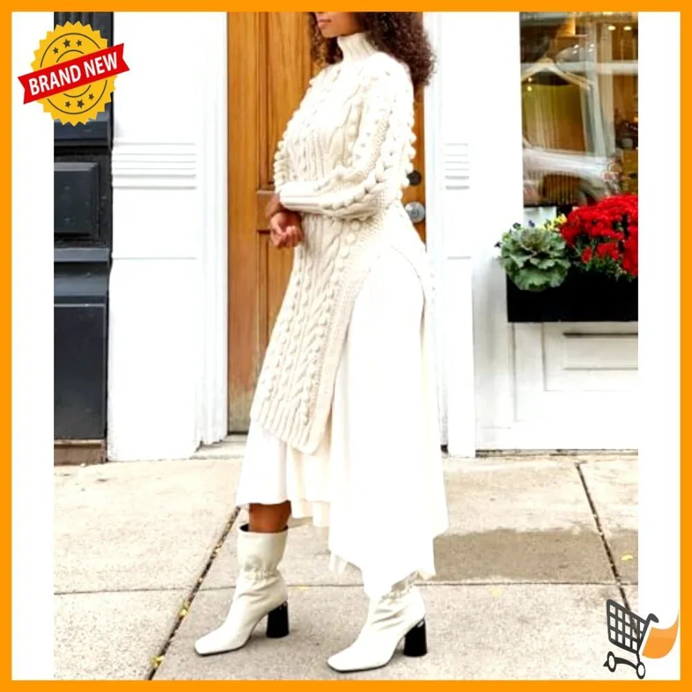 Textured Knit Puff Sleeve High Neck Maxi Dress with Split Hem